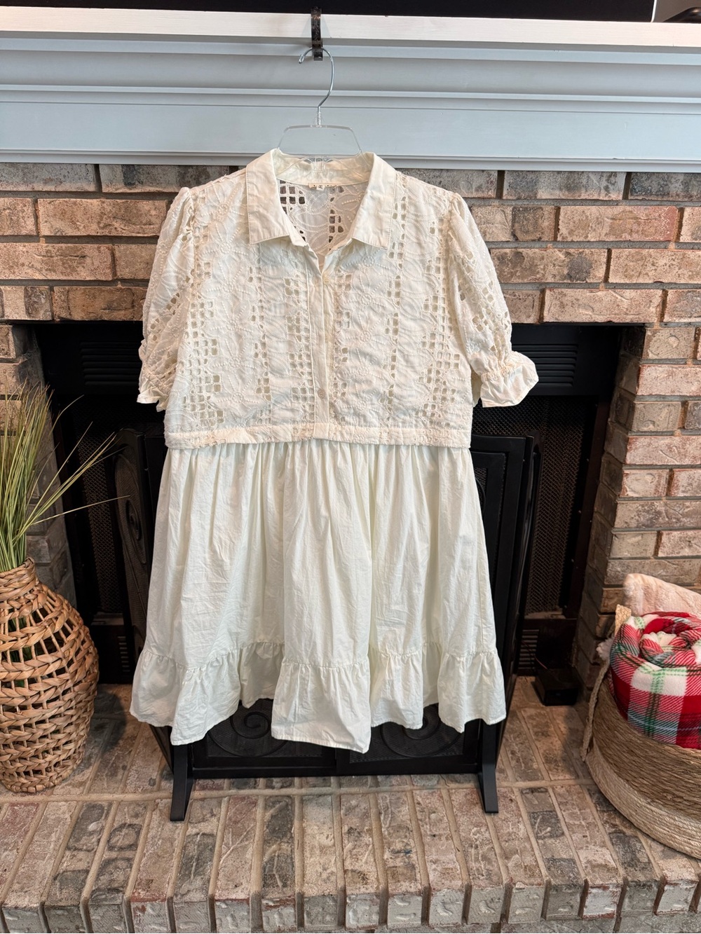 Jodifl button front open weave dress, cream, Large, NWOT